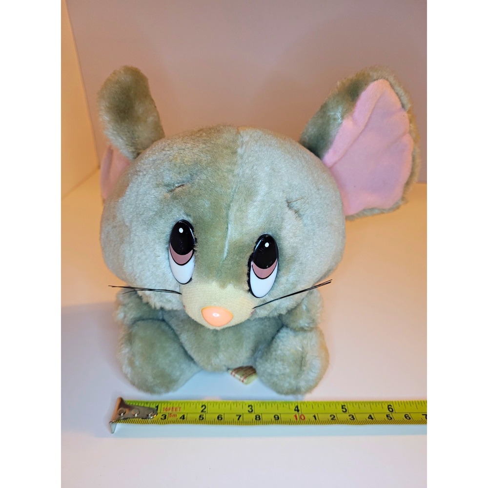 Vintage Cottagecore Animal Fair Gray Baby Mouse Plush Sad Eyes Pink Yarn Tail